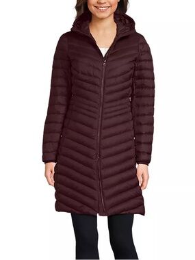 Lands End Wanderweight Packable Down Coat Lush Burgundy Hooded Size Small